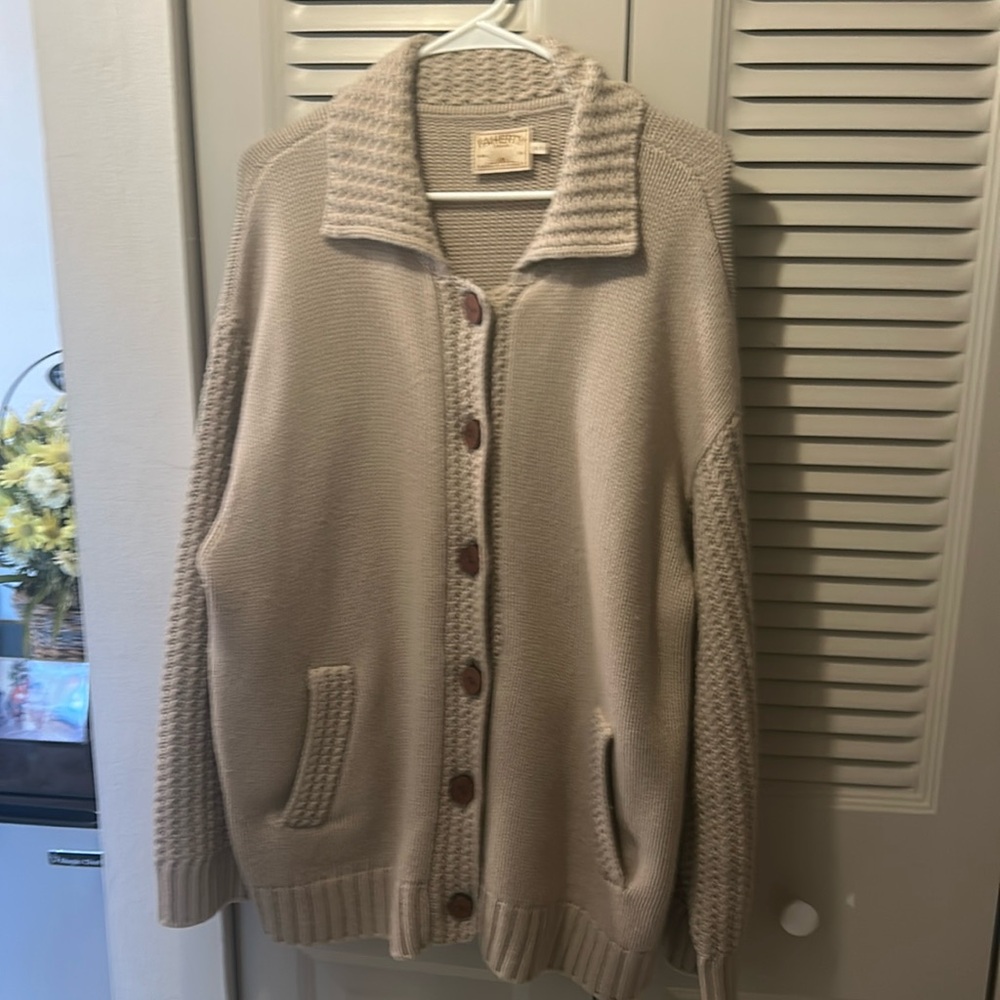 Faherty Brand Cardigan Sweater With Large Buttons.  Horse Pattern on the back.